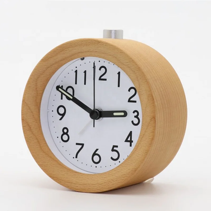KH-WC022 Creative Small Round Classic Wood Silent Desk Travel Alarm Clock With Nightlight