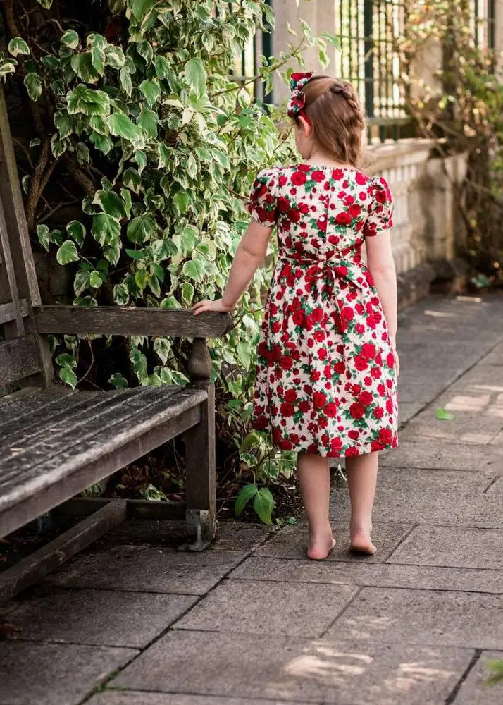 Girls Print Dress For Summer Red Flower Dresses