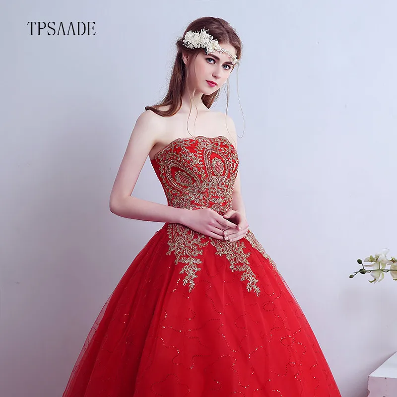 Chinese Red Tulle Appliques Beaded Sequin Strapless Wedding Dress with Long Train Golden Lace Bridal Gown 2020 Vestido de novia