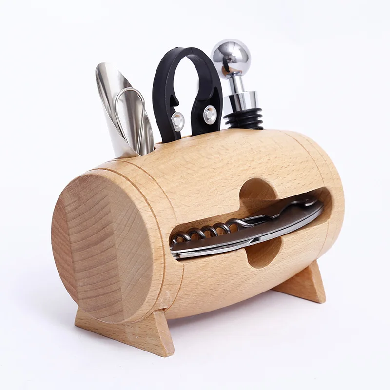 
Wine tool 4pcs set with a wood barrel holder  (62082917133)