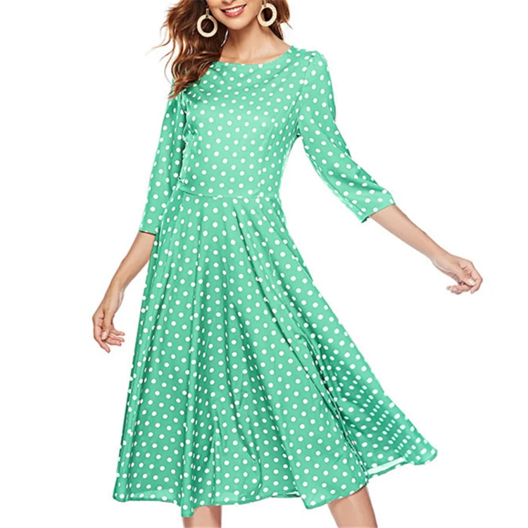 Vintage Polka Dot Three-point Sleeve Dress Hepburn Style Elegant A-line Dress In Stock