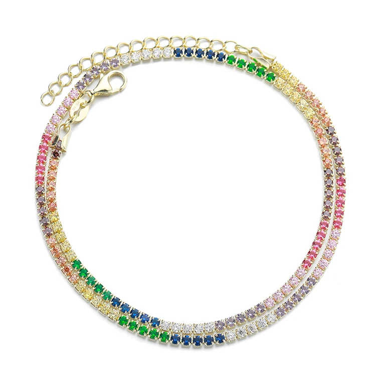 ZHILIAN 925 Sterling Silver Gold Plated Sparkling Party Fine Jewelry Square Cz 2 Row Tennis Bracelet