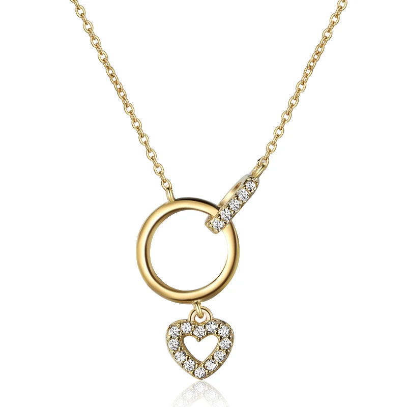 ZHILIAN  925 Sterling Silver Round Heart Drop Zircon Pendant Necklace Gold Plated Jewelry Ladies