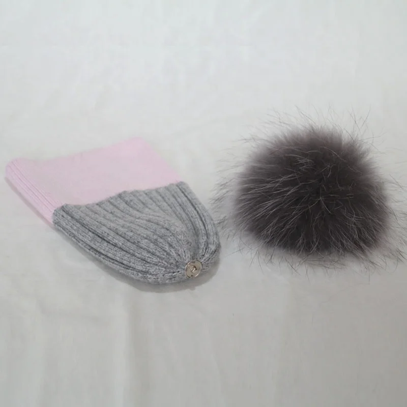 Baby soft winter fur bobble hats removable raccoon fur ball angora hats bi color children knitted hats