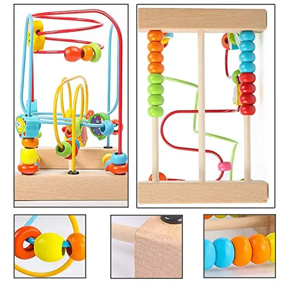 
Hot selling wooden insect cartoon pattern animal round wire colorful bead maze toys 