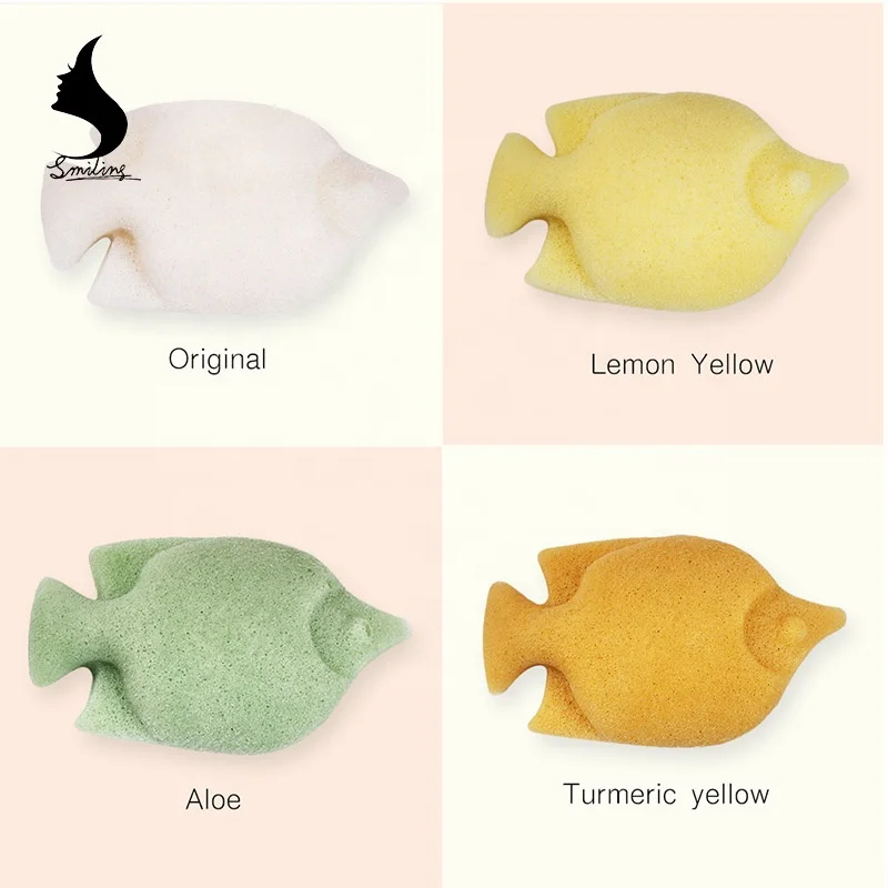 
100% Organic Nature Soft Body Shower Cleansing Scrubber Puff Cute Fish Shape Baby Use Konjac Sponge 