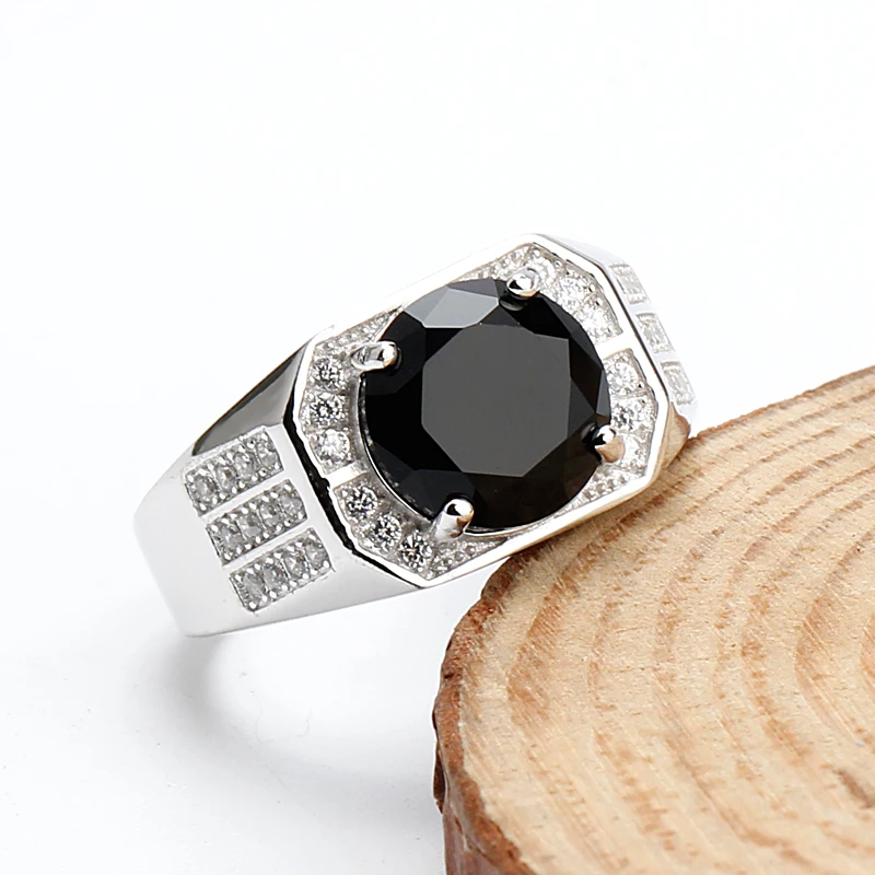 Wholesale Trendy 925 Sterling Silver Men Ring Black Stone with Small Cubic Zircon,Fashion Gemstone Rings For Men Women Jewelry