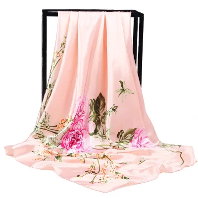 Wholesale Peony Pink Floral 100% Polyester square silk satin hijab head scarf for women