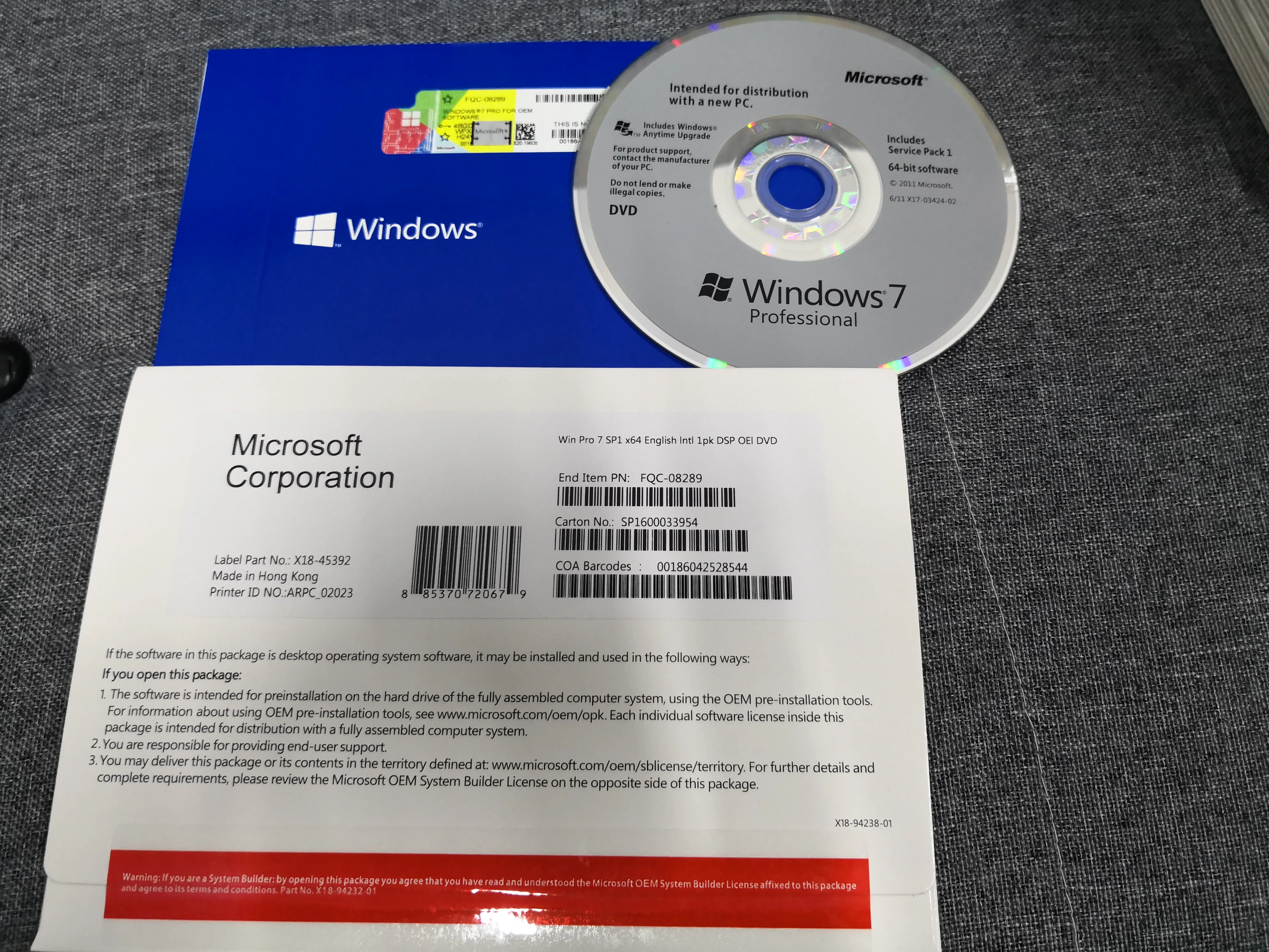 
English French Italian Language Microsoft Windows 7 Pro SP1 32bit 64bit OEM box Win 7 Professional 