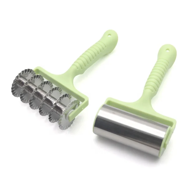 Food Grade Stainless Steel Pastry Roller Cutter Dough Rolling Pin Plastic Pizza Cake Decorating Cutter Set with Plastic Handle