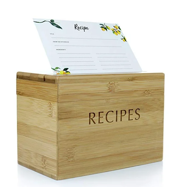 Bamboo Recipe Box Set with 100 4x6 recipe cards, 10 dividers, and card holder. Cards made with thick card stock. Perfect re