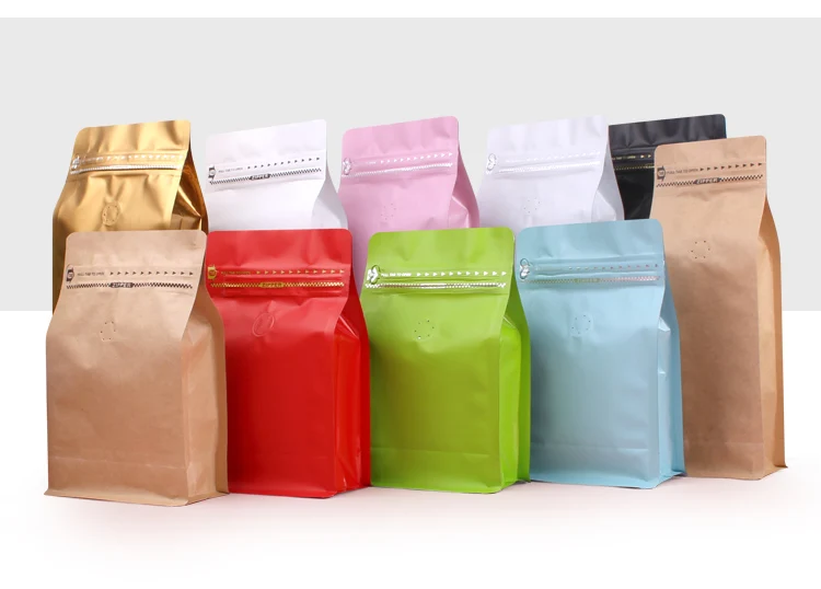 100g 250g 500g 1kg Biodegradable Stock Flat Bottom Brown Kraft Paper Coffee Bean Bags With Valve And Ziplock