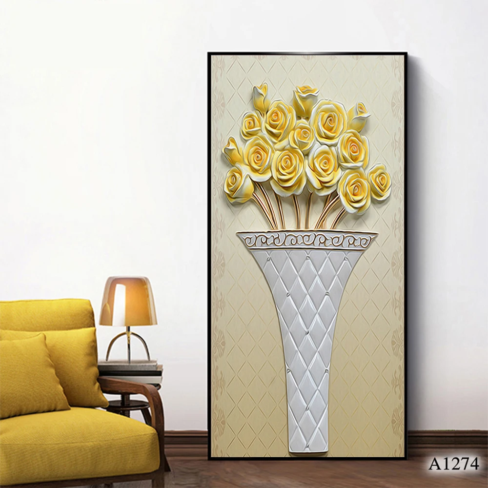 New design atrwork indoor decor gold flowers and vase 3d relief painting
