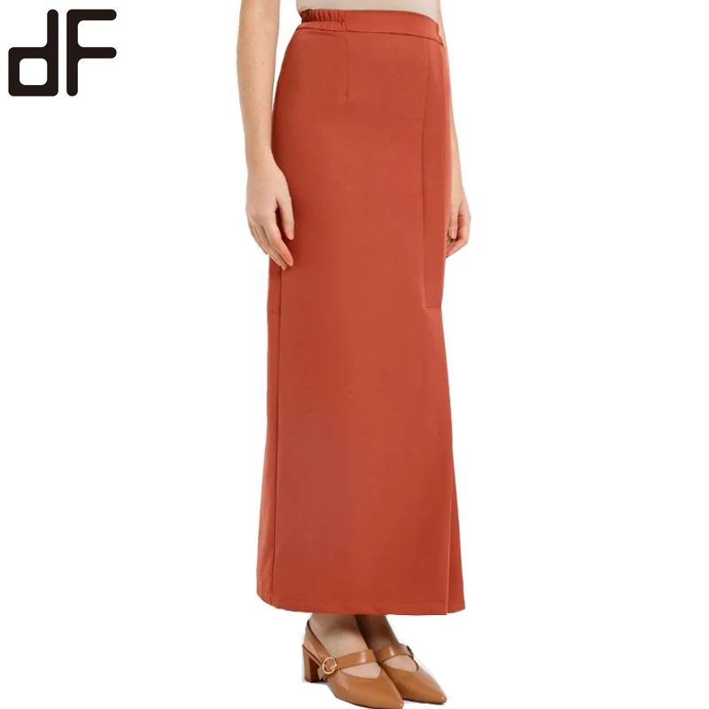 OEM Baju Kurung Made In China Satin Kebaya Ladies Muslim Dress Set Solid Orange Blouse And Pleated Long Skirt Baju Kurung