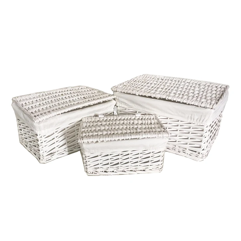 Cube Willow Baskets Bins Set 3 With Lining Lids For Laundry Closet Organizer
