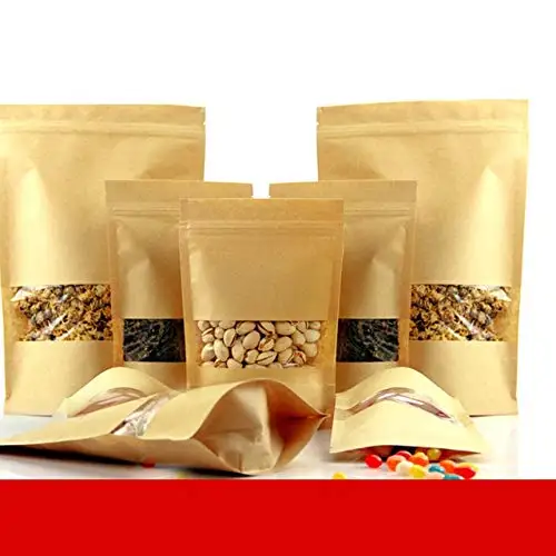 Biodegradable Eco Friendly Kraft Paper Zipper Bag Clear Window Stand Up Kraft Paper Pouch