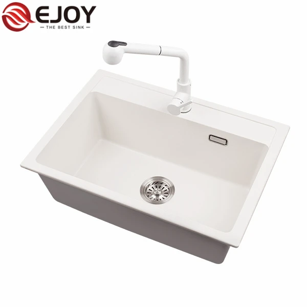 EJOY High Quality Customized quartz single bowl kitchen sink D6848  family hotel restaurant use white composite granite sink