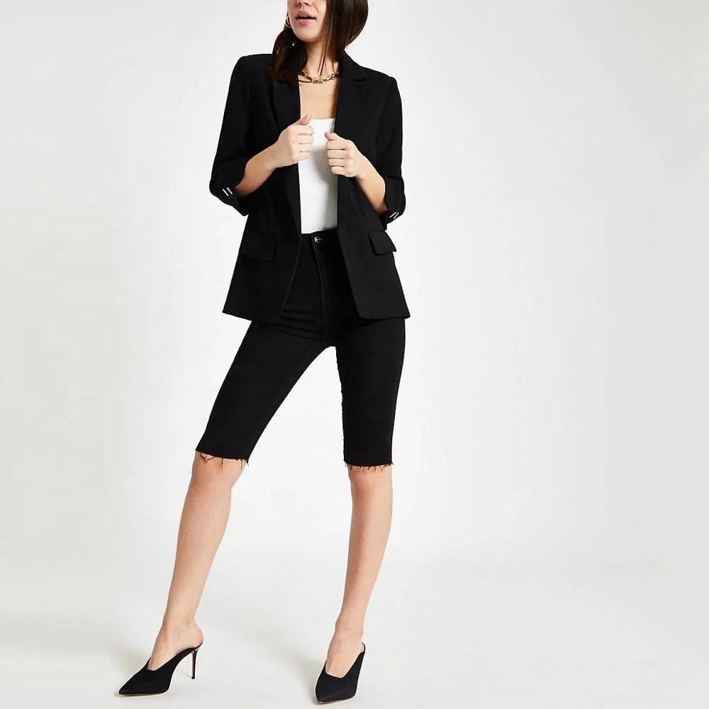 Custom 100% polyester  black split long sleeve casual blazer suit jacket for ladies