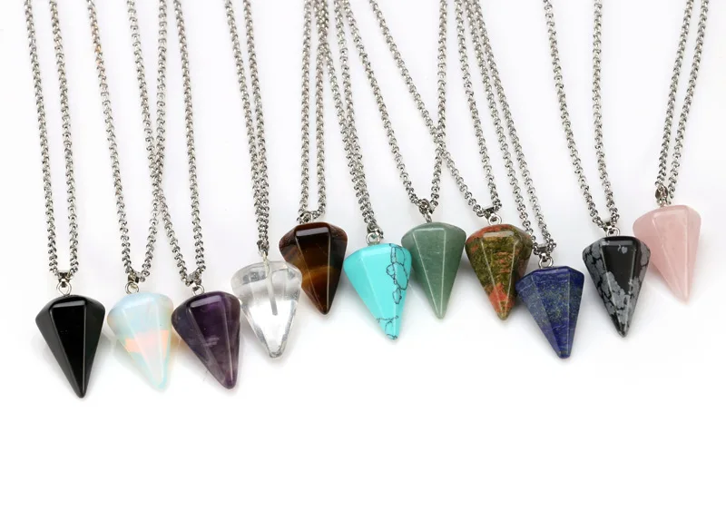 Women Necklaces Stone Pendant gemstone necklace jewelry Crystal Reiki Hexagonal Cone Pendulum necklaces for women 21Colors