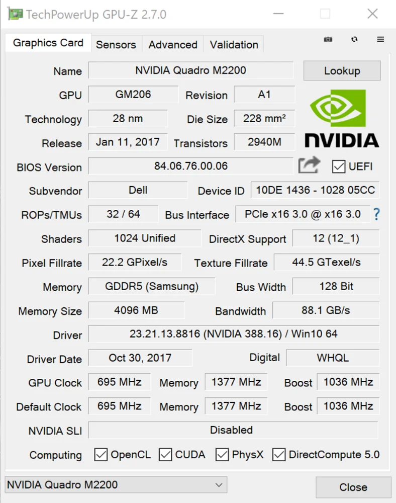 Видеокарта 7024K для DELL Nvidia Quadro M2200M N17P-Q3-A1 GDDR5 4 ГБ 4 ГБ