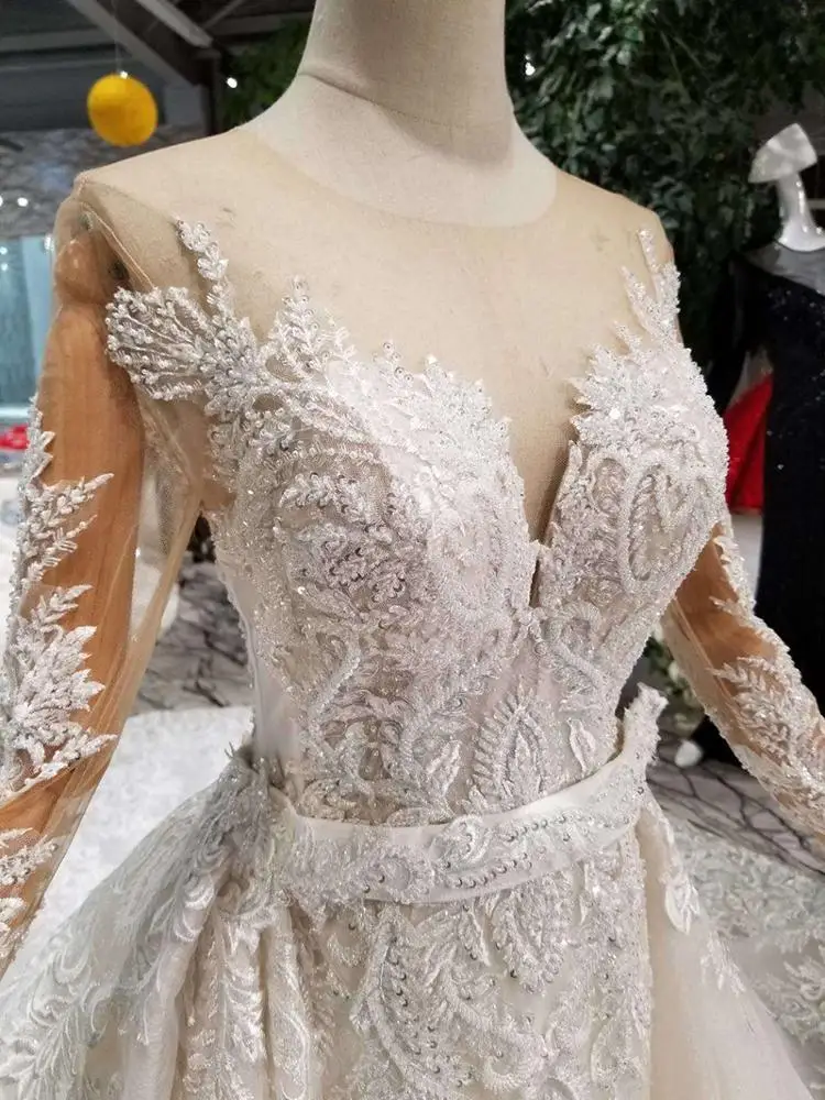 HTL132 long beaded sleeves vestidos de novia bride 2019 designs detachable train mermaid wedding dress bridal gown