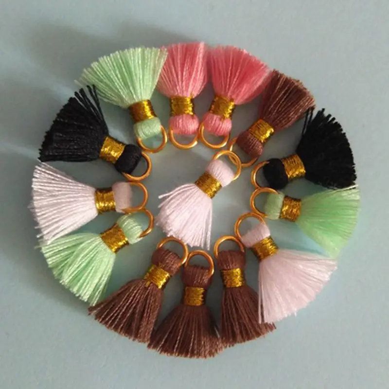 factory custom free sample 700 colors 1.5cm mini cotton tassels for jewelry ,tassel cotton with golden ring