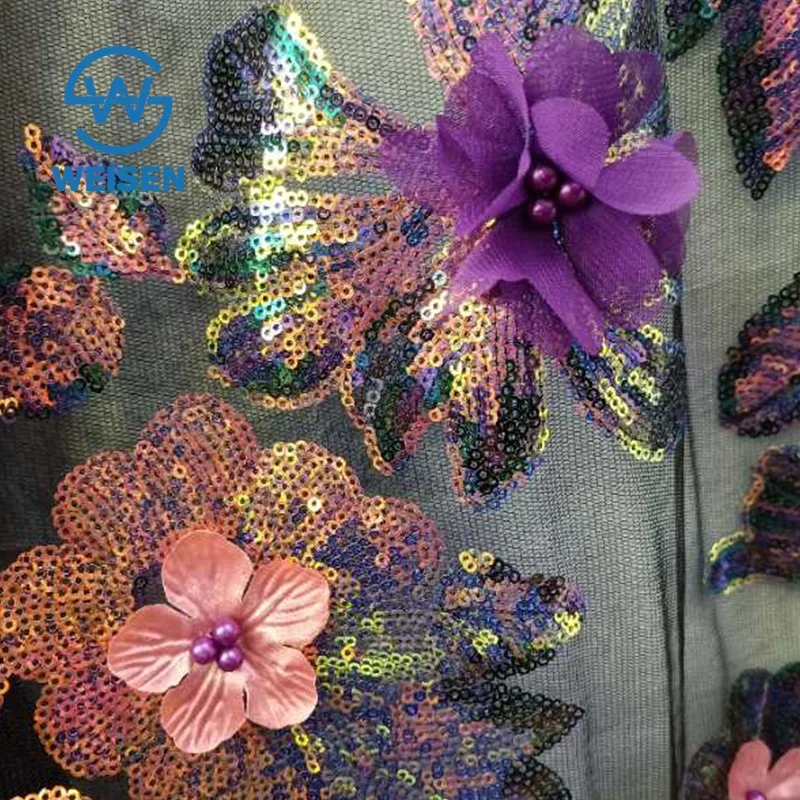 2019 3d Fabric Bead Colorful Custom-made Tulle Sequin Flower Applique