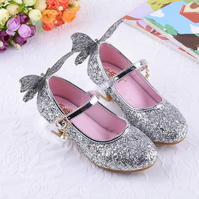  Модные детские кожаные туфли принцессы со стразами на высоком каблуке