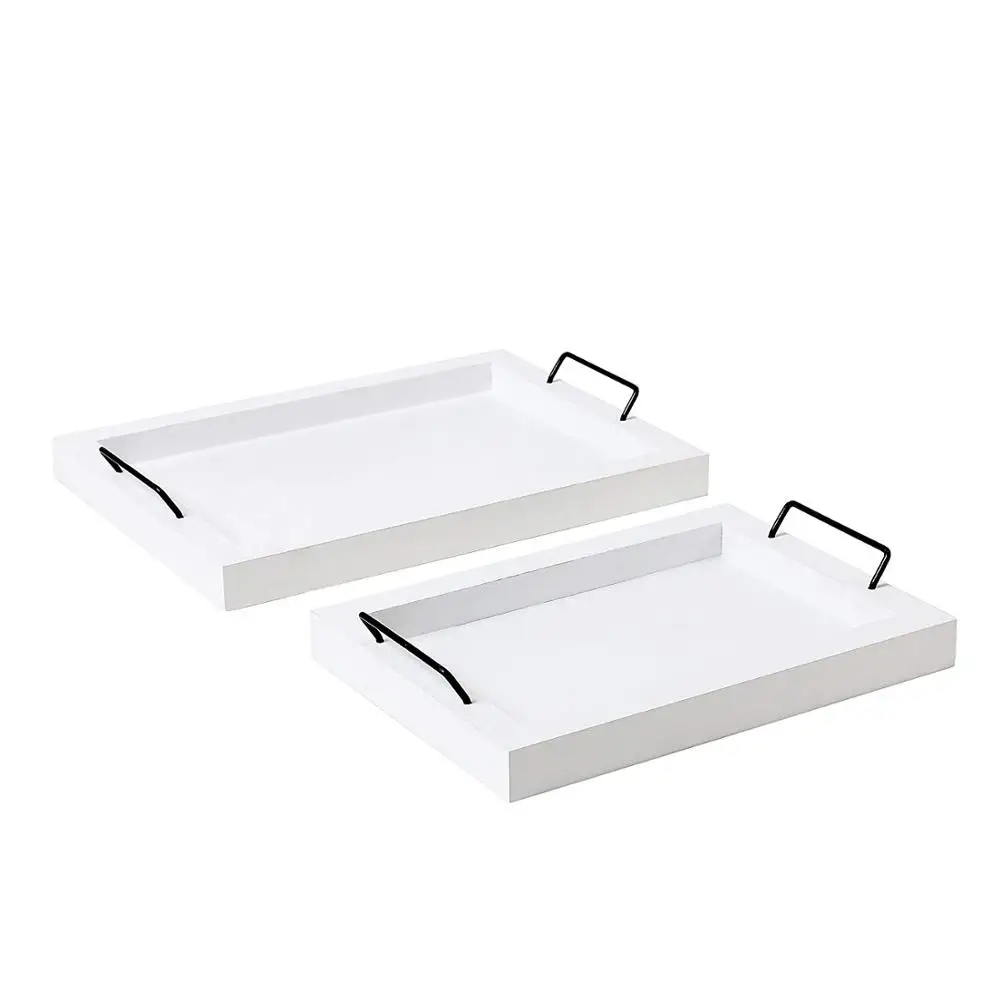 Set of 2 Country Rustic Vintage White Decorative   Wood Rectangular Nesting Serving Trays With Metal   Handles
