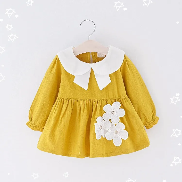 Лидер продаж, желтое милое весенне-осеннее детское платье с длинным рукавом, хлопковое платье для маленьких девочек от 6 до 36 месяцев