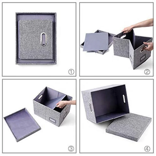 New Design Grey Foldable Book Storage Box Wih Metal Handles Lid Collapsible File Storage Box