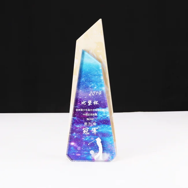 
2019 new design crystal and marble award color printing glass trophy 