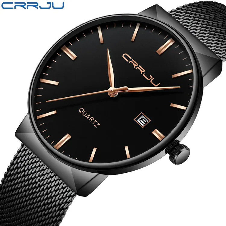 
Wholesale CRRJU Mens Watches Top Luxury brand steel Slim Quartz Black Watch For Men 