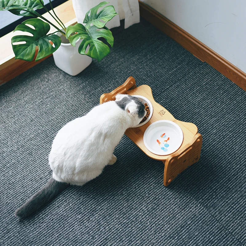 
Miaoxianer Wholesale Bamboo Cat Bowl Inclined Dog Bowl With Ceramic Double Bowl 