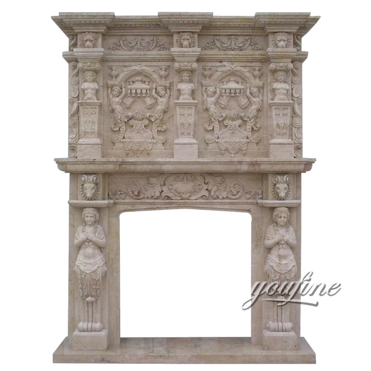 100% Hand Carved 2 Layers Marble Antique Lion Fireplace Mantel