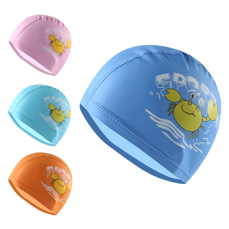 
PU coating & Lycra fabric swimming cap for kids crab printing 