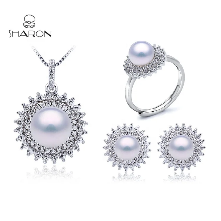 
Sharon 2020 Newest Design Wedding CZ Flower Sterling Silver Freshwater Pearl Jewelry Set For Women 