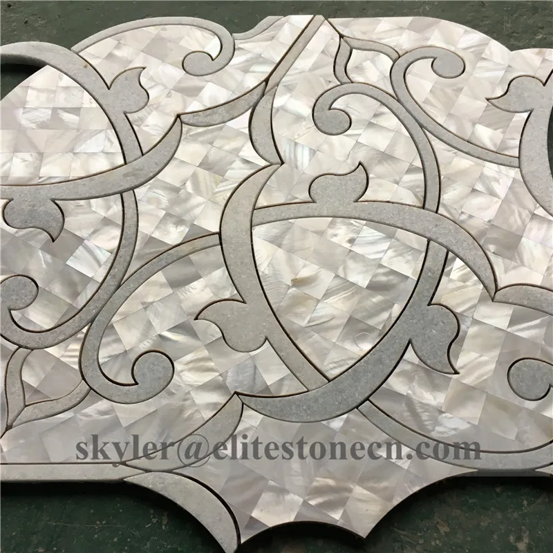 luxury mother pearl of shell and blue marble mixed waterjet mosaic tile