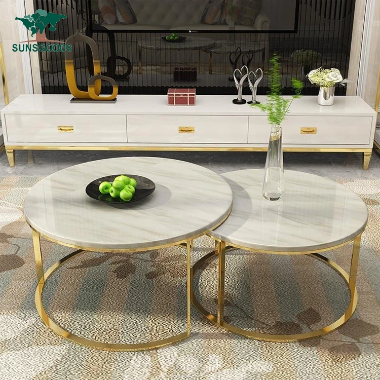 Modern coffee table,gold stainless steel leg white coffee table,marble top coffee table 2 pieces set