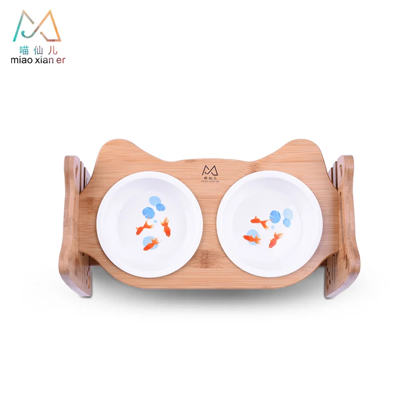 
Miaoxianer Wholesale Bamboo Cat Bowl Inclined Dog Bowl With Ceramic Double Bowl 