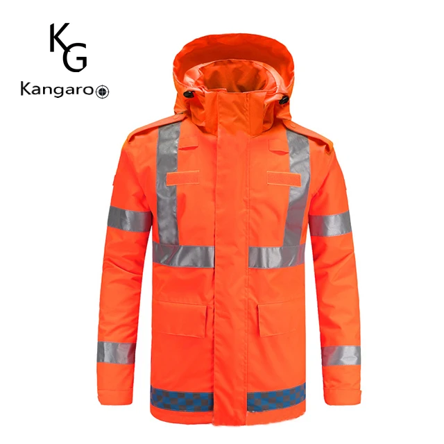 Fluorescent Orange reflective waterproof High visibility hooded Raincoat