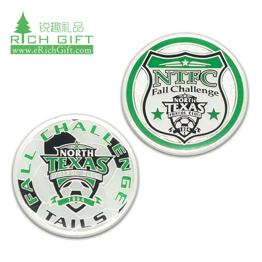 Free sample custom metal zinc alloy printing epoxy insert football/soccer challenge coin for sports tournament