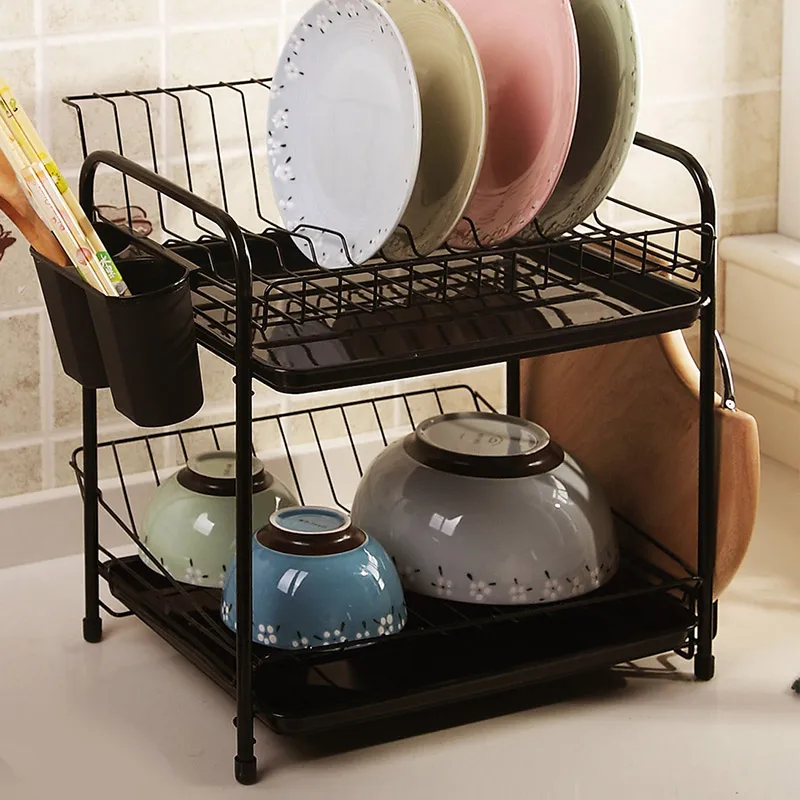 Dish Rack Set 2-Tier Chrome Kitchen Organizer Tools Plate Spoon Storage Frame Steel Drain Bowl Rack Kitchen Dish Shelf