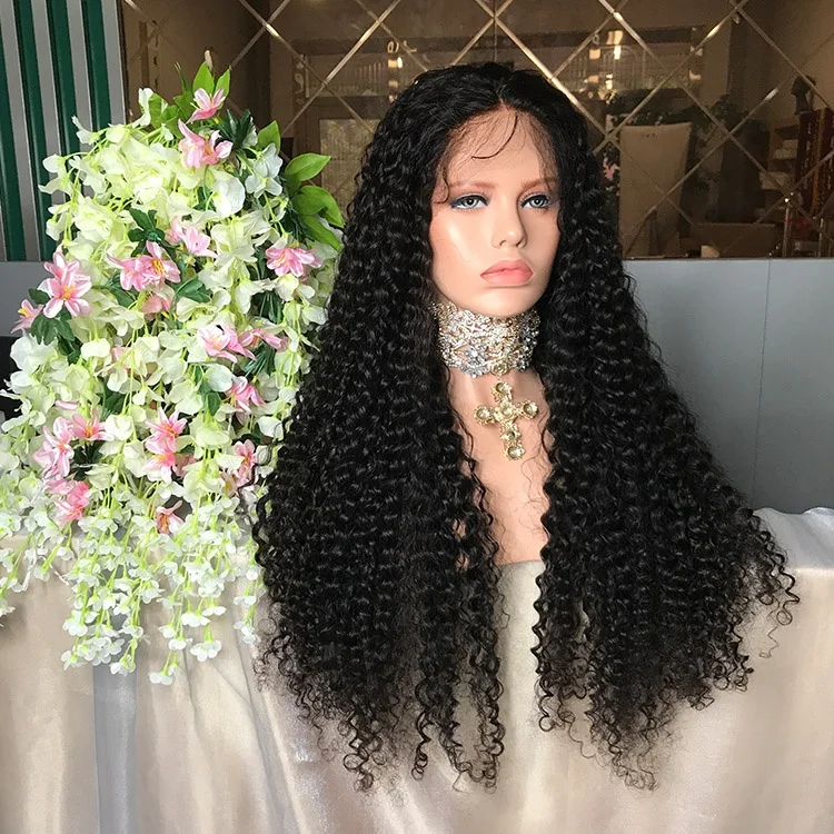 Wholesale Price 150% Density Glueless Natural Black Curly 22inch Long Brazilian Human Hair Wig Lace Front Wig with Baby Hair