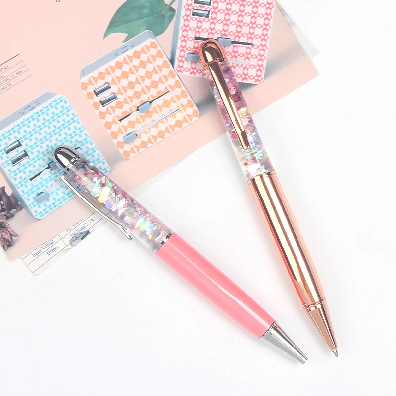 New fashion design custom logo liquid glitter floating ball pen metal gift pen for woman