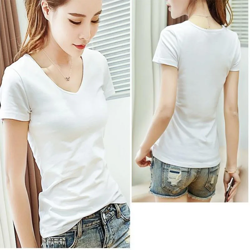 Wholesale Custom Printing Custom Logo 100% Cotton Embroidery Plain V Neck For Women T-Shirt