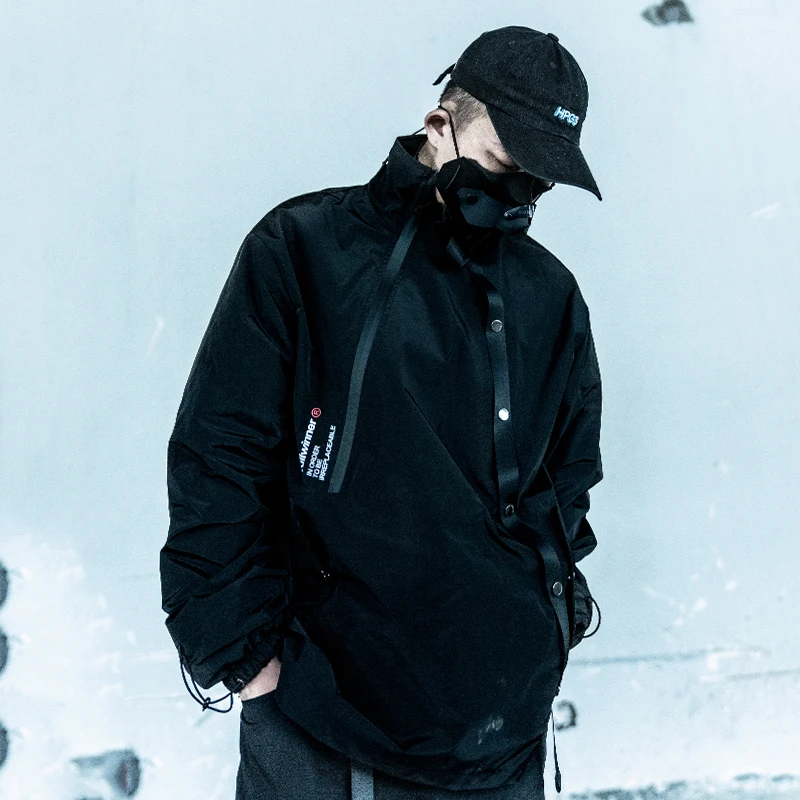 Killwinner street hip hop black coats fashion 100 polyester oblique webbing functional sports windproof men jacket