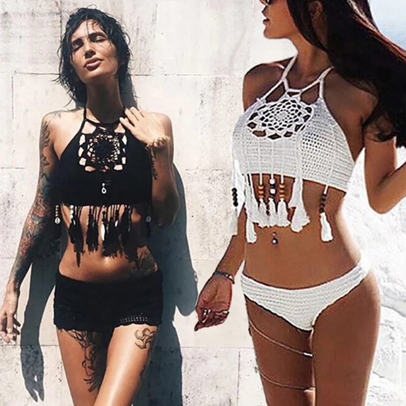 
Hot sale high quality Australian fashion GIRL SEXY beachwear handmade tassel halter swimsuit tops crochet women bikini 