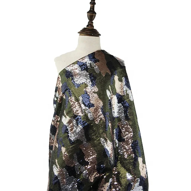 New Wholesale silver metallic 3mm embroidered camouflage sequin fabric