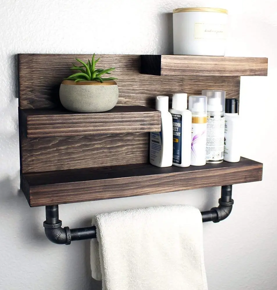 Rustic Solid Wood Wall Floating Farmhouse Bathroom Wooden Organizer Rack Shelf With Towel Bar